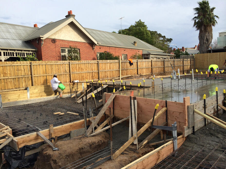 Timber formwork for house slab Wooden formwork set up for a new concrete house slab foundation in Melbourne