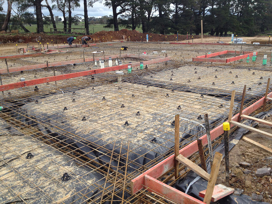 Rebar framework for concrete slab Reinforcement bars and framework for a house foundation